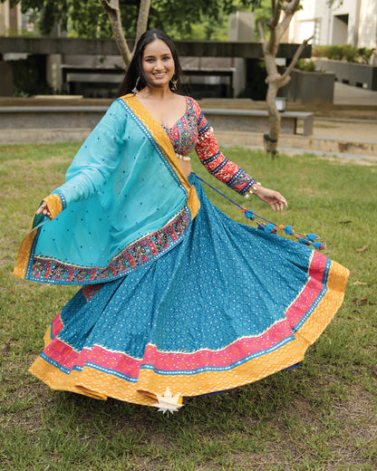 Turquoise and pink Gamthi chaniya choli set