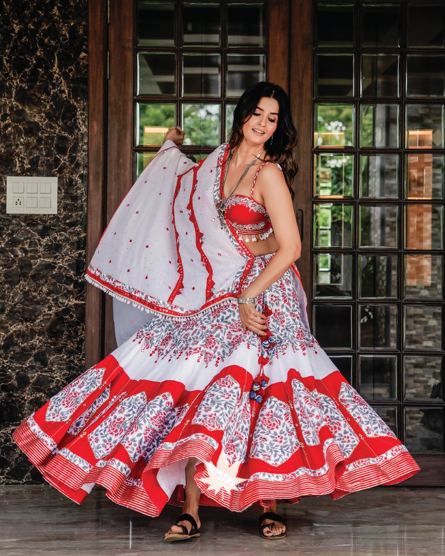 Red And White Patchwork Floral Chaniya Choli Set