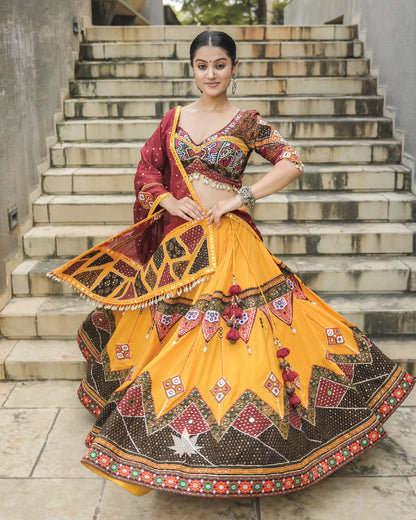 Mustard Gamthi chaniya with red dupatta set