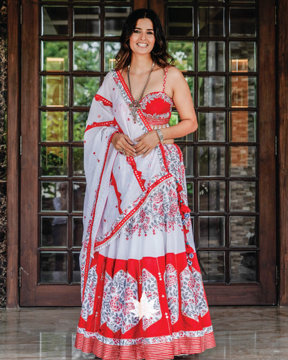 Red And White Patchwork Floral Chaniya Choli Set