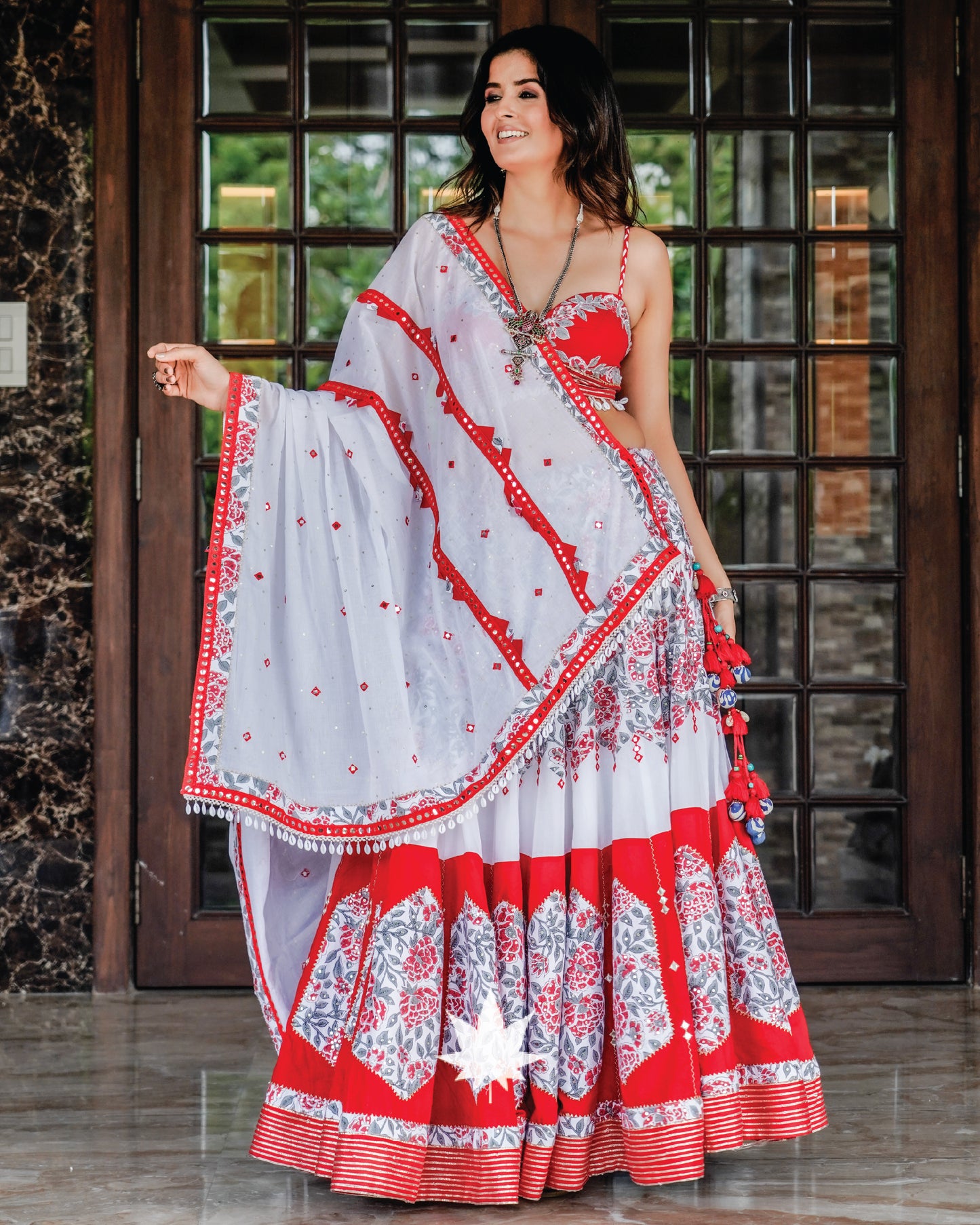 Red And White Patchwork Floral Chaniya Choli Set