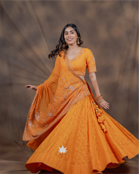 Yellow Bandhani Chaniya Choli with Mirror Work