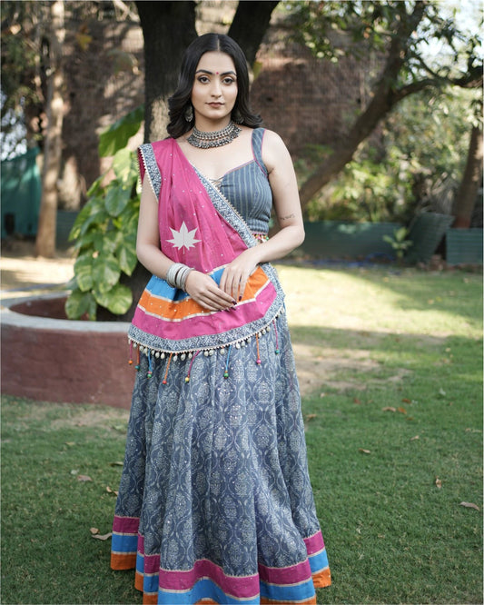 Grey Ajrakh Chaniya Choli Set With Pink Dupatta