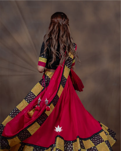 Red Chaniya Choli with Black & Yellow Border
