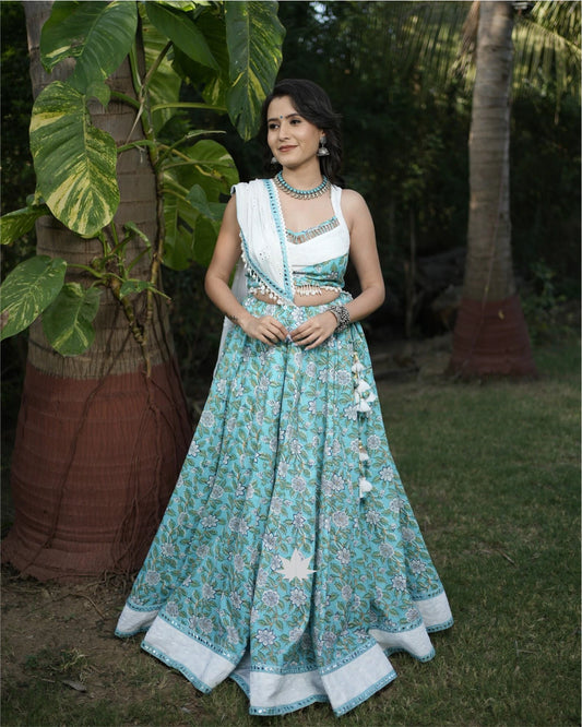 Aqua Floral Chaniya Choli Set With White Dupatta