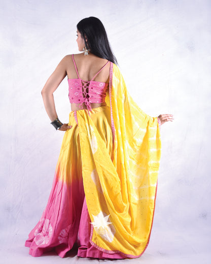 Baby Pink And Yellow Tie Dye Chaniya Choli Set