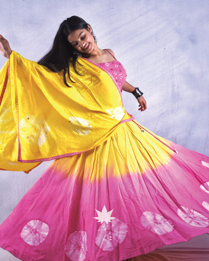 Baby Pink And Yellow Tie Dye Chaniya Choli Set