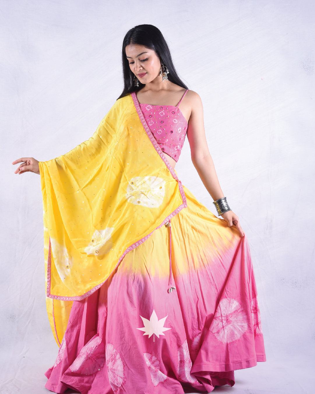 Baby Pink And Yellow Tie Dye Chaniya Choli Set