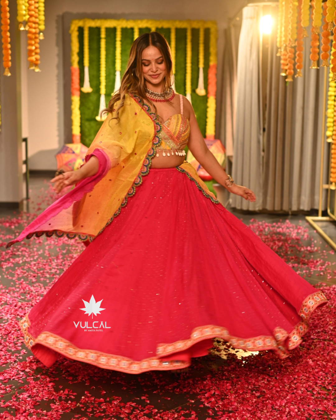 Peach And Golden Designer Embroidered Lehenga Choli - Rent