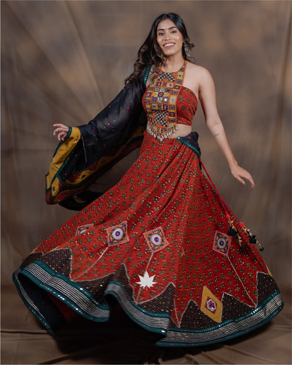 Handcrafted Bandhani Chaniya Choli with Black Dupatta