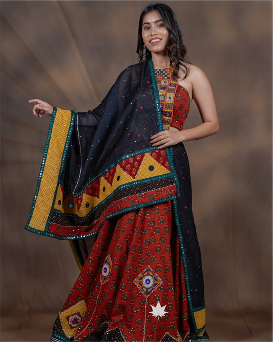 Handcrafted Bandhani Chaniya Choli with Black Dupatta