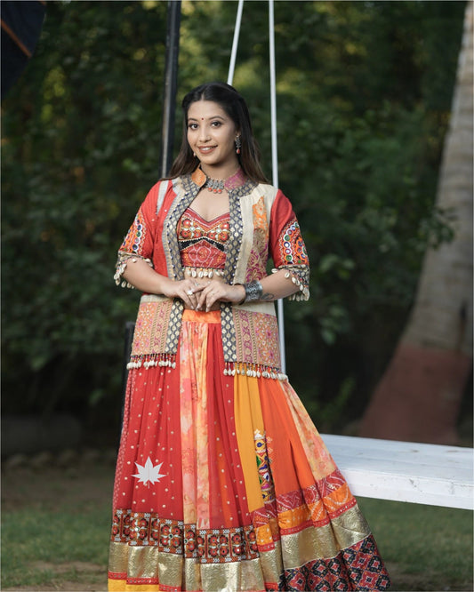 Orange Chaniya Choli Set With Gamthi Work Jacket