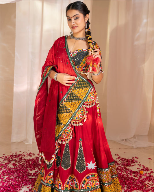 Rajwadi Red Kutchi Mirrorwork Chaniya Choli
