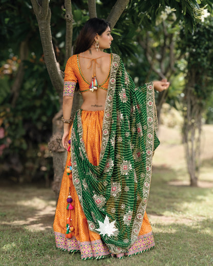 Orange Silk Bandhani Gamthi Border Chaniya Choli Set