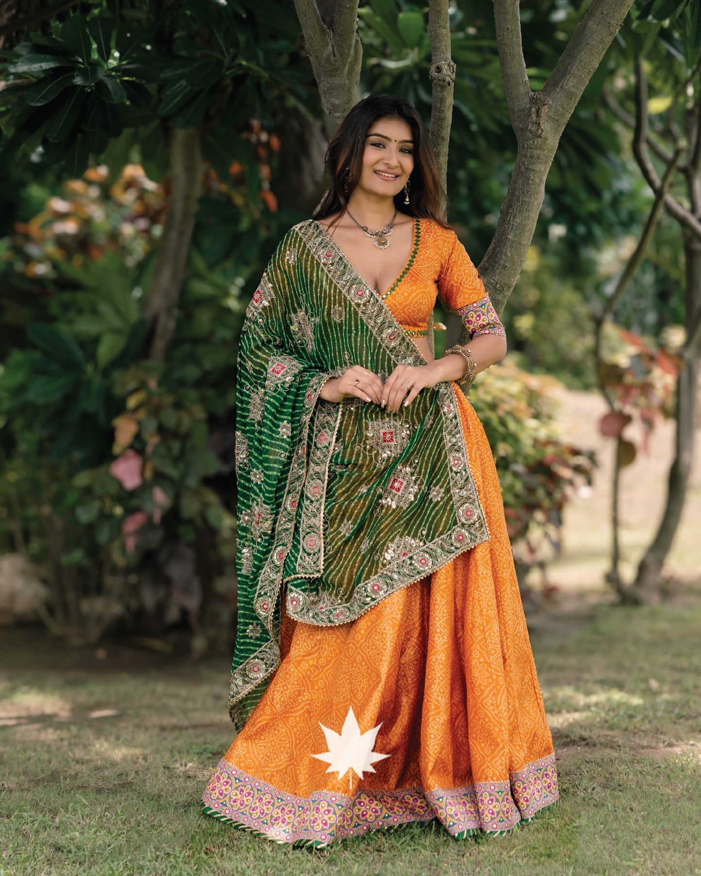 Orange Silk Bandhani Gamthi Border Chaniya Choli Set