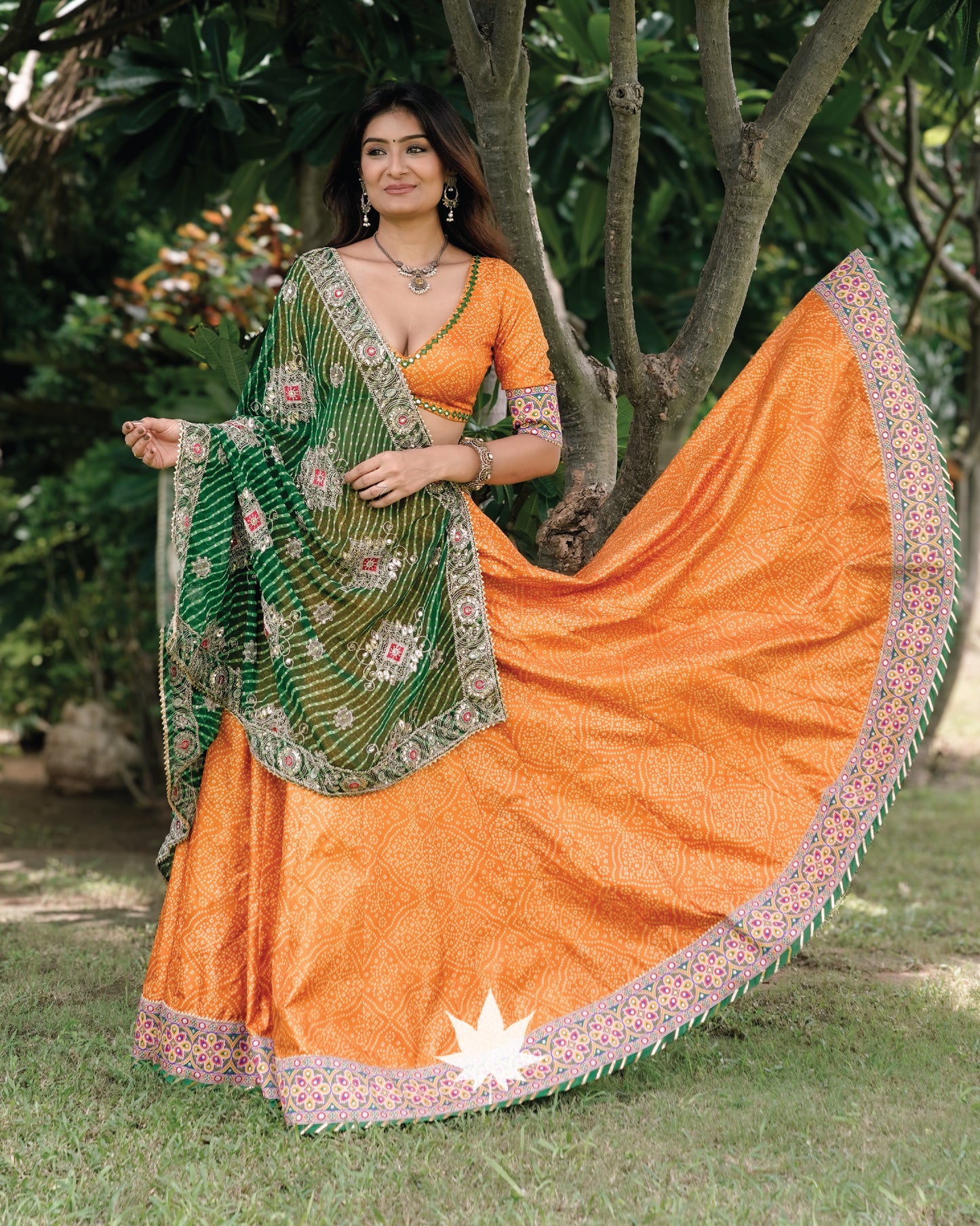 Orange Silk Bandhani Gamthi Border Chaniya Choli Set