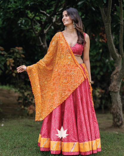 Red And Orange Silk Bandhani Chaniya Choli Set