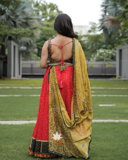 Red patchwork chaniya with green bandhani blouse and dupatta set