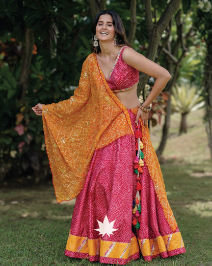 Red And Orange Silk Bandhani Chaniya Choli Set