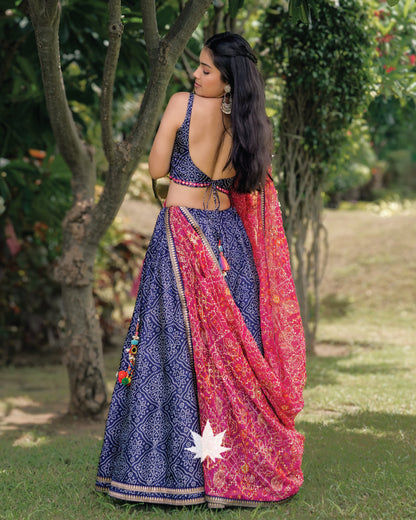 Blue And Pink Silk Bandhani Chaniya Choli Set