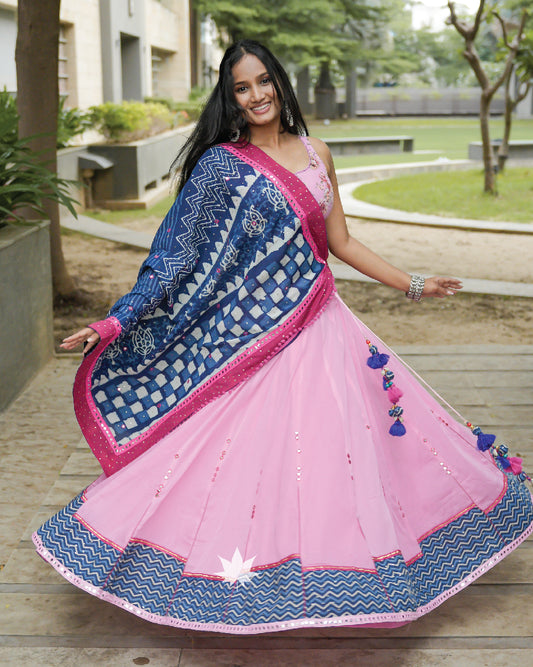 Baby pink and indigo blue chaniya choli set