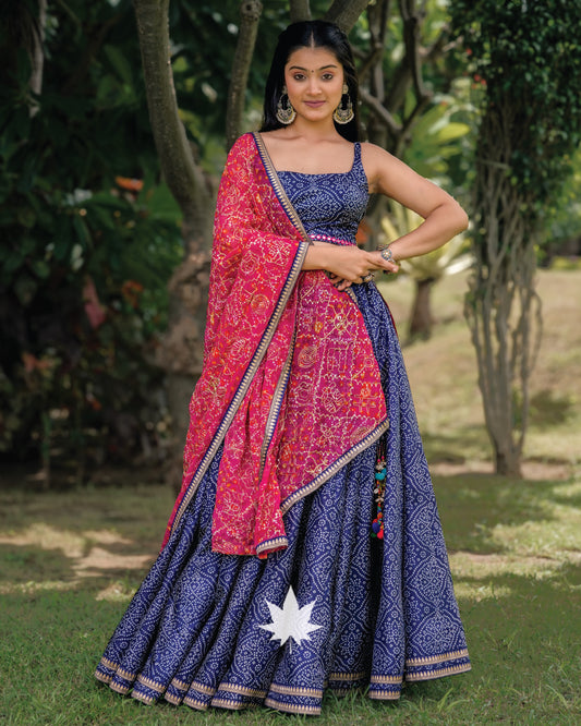 Blue And Pink Silk Bandhani Chaniya Choli Set