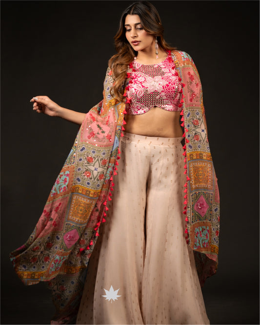 Pink Pop- Georgette Palazzo Set with Printed Jacket