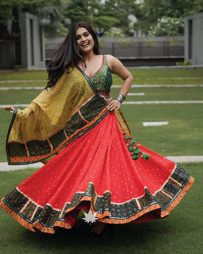 Red patchwork chaniya with green bandhani blouse and dupatta set