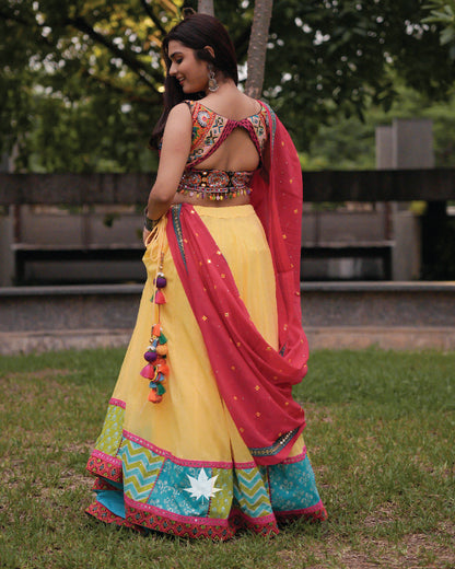 Yellow chaniya with multi color Gamthi blouse set