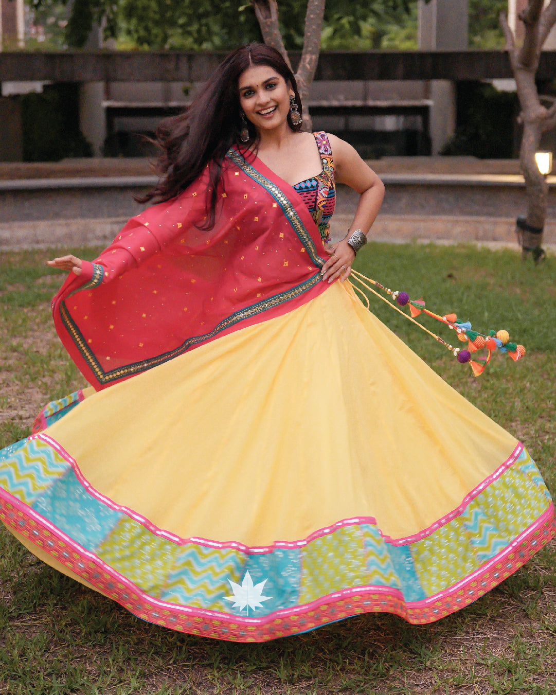 Yellow chaniya with multi color Gamthi blouse set