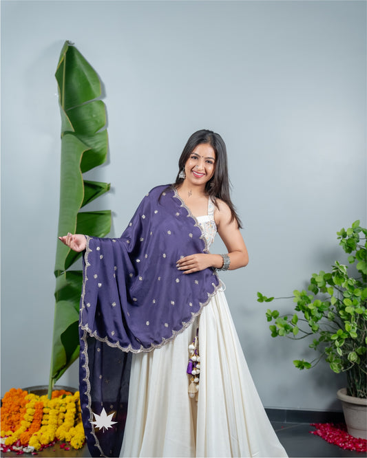 White Chaniya Choli with Blue Dupatta