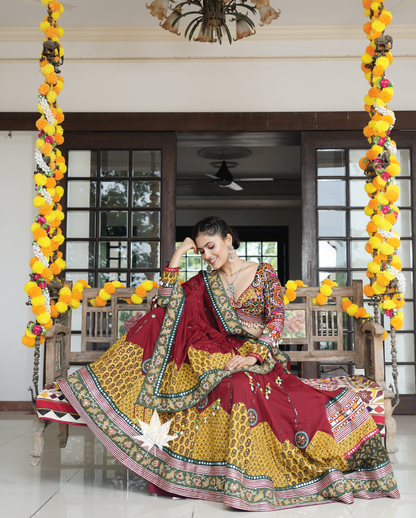 Maroon And Yelow Patchwork Gamthi Chaniya Choli Set