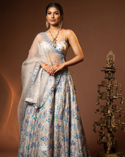 Light Grey Embroidered Lehenga Set