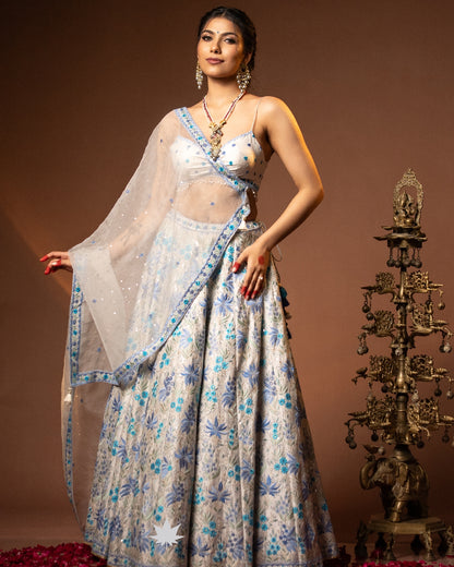 Light Grey Embroidered Lehenga Set