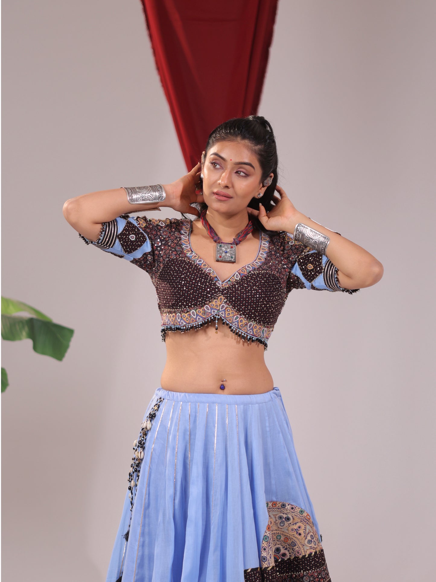 Sky Blue and Brown Ajrakh Patchwork Chaniya Choli Set.