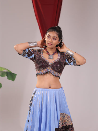 Sky Blue and Brown Ajrakh Patchwork Chaniya Choli Set.