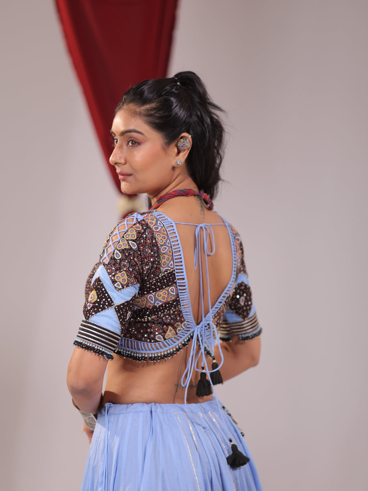 Sky Blue and Brown Ajrakh Patchwork Chaniya Choli Set.