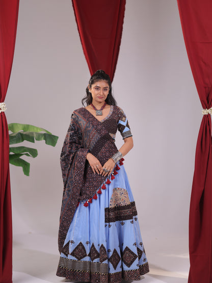 Sky Blue and Brown Ajrakh Patchwork Chaniya Choli Set.