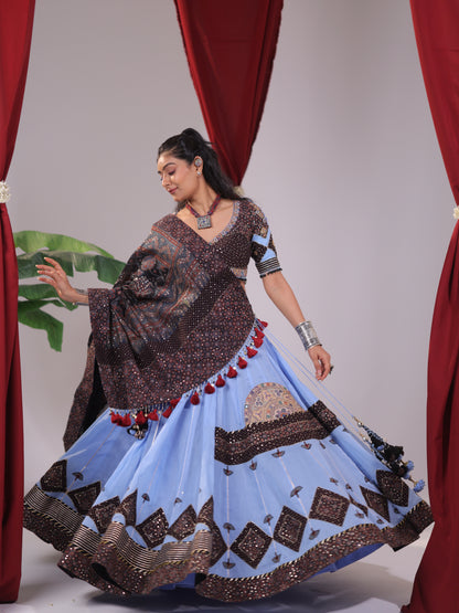 Sky Blue and Brown Ajrakh Patchwork Chaniya Choli Set.