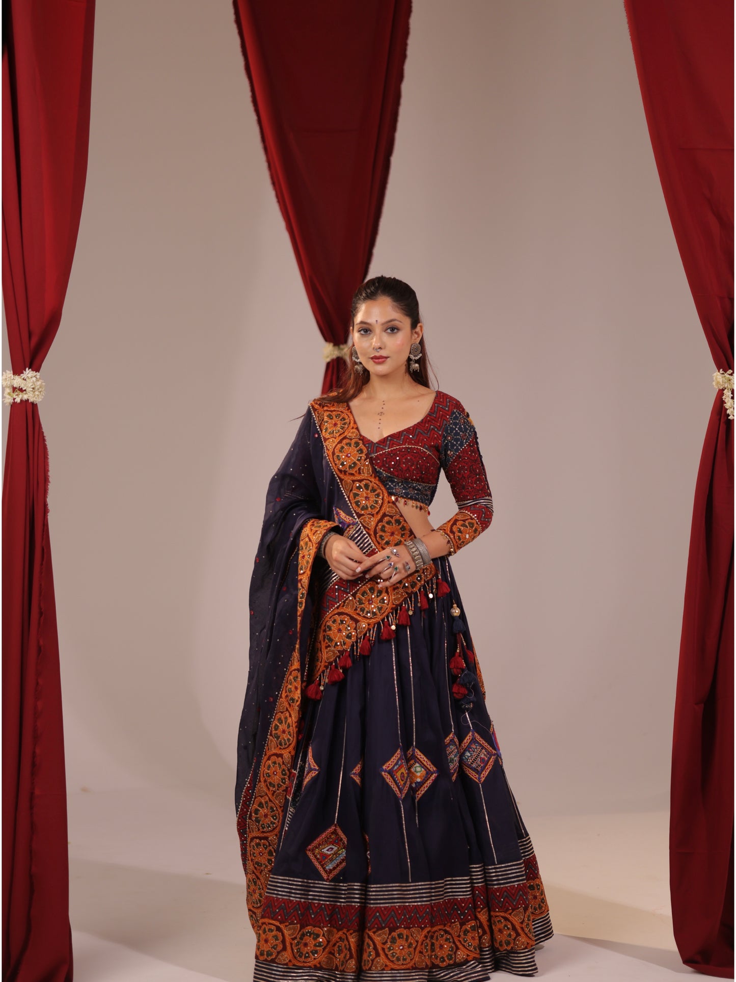 Navy Blue Cotton Chaniya Choli with Mustard Patchwork Border