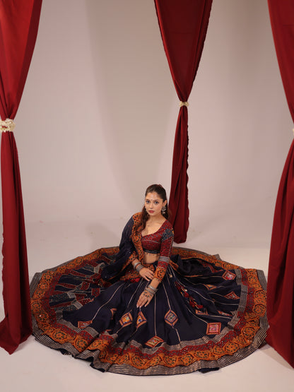 Navy Blue Cotton Chaniya Choli with Mustard Patchwork Border