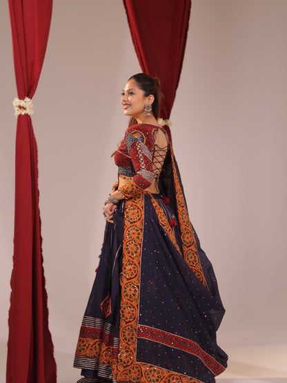 Navy Blue Cotton Chaniya Choli with Mustard Patchwork Border