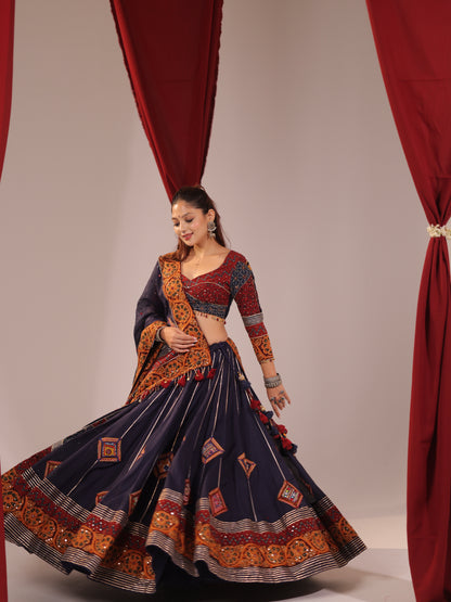 Navy Blue Cotton Chaniya Choli with Mustard Patchwork Border