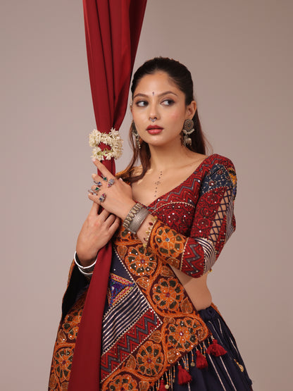 Navy Blue Cotton Chaniya Choli with Mustard Patchwork Border