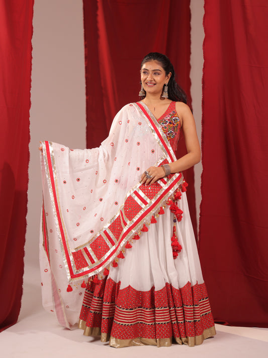 Akash Shweta | Premium White & Red Tassel Chaniya Choli