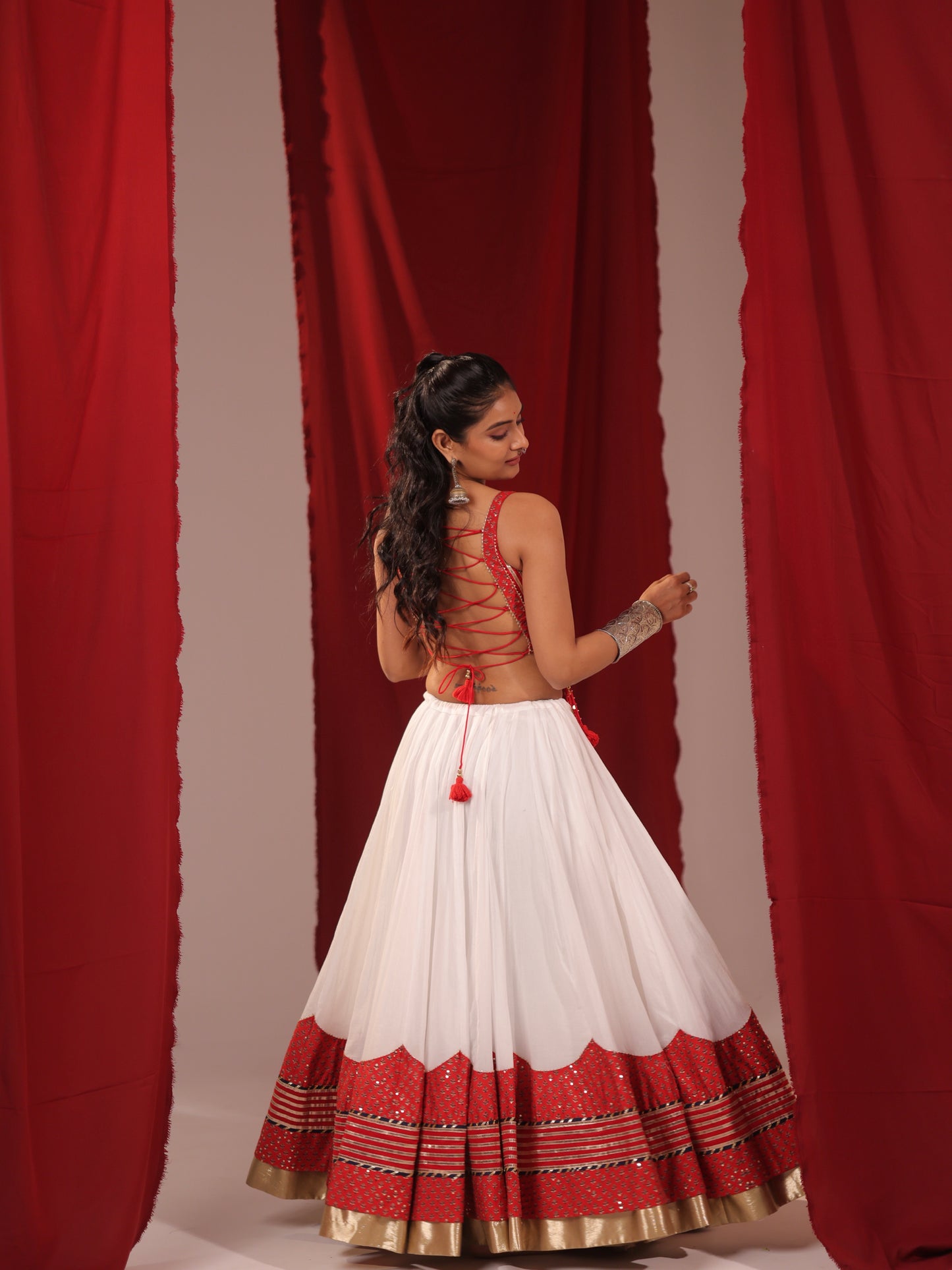 Akash Shweta | Premium White & Red Tassel Chaniya Choli