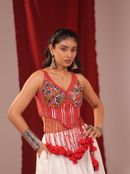 Akash Shweta | Premium White & Red Tassel Chaniya Choli