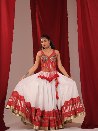 Akash Shweta | Premium White & Red Tassel Chaniya Choli