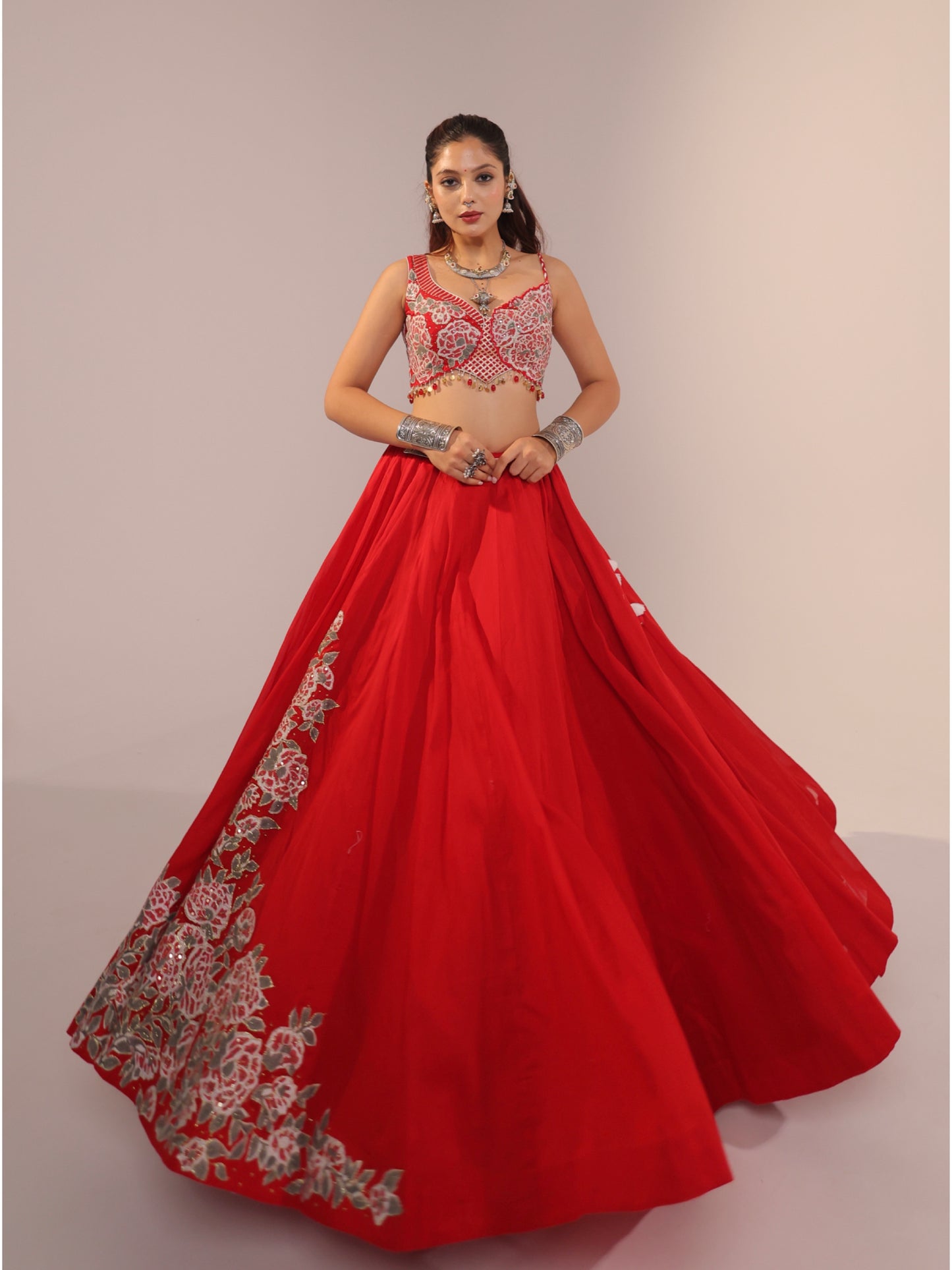 Red Floral Embroidered Cotton Chaniya Choli