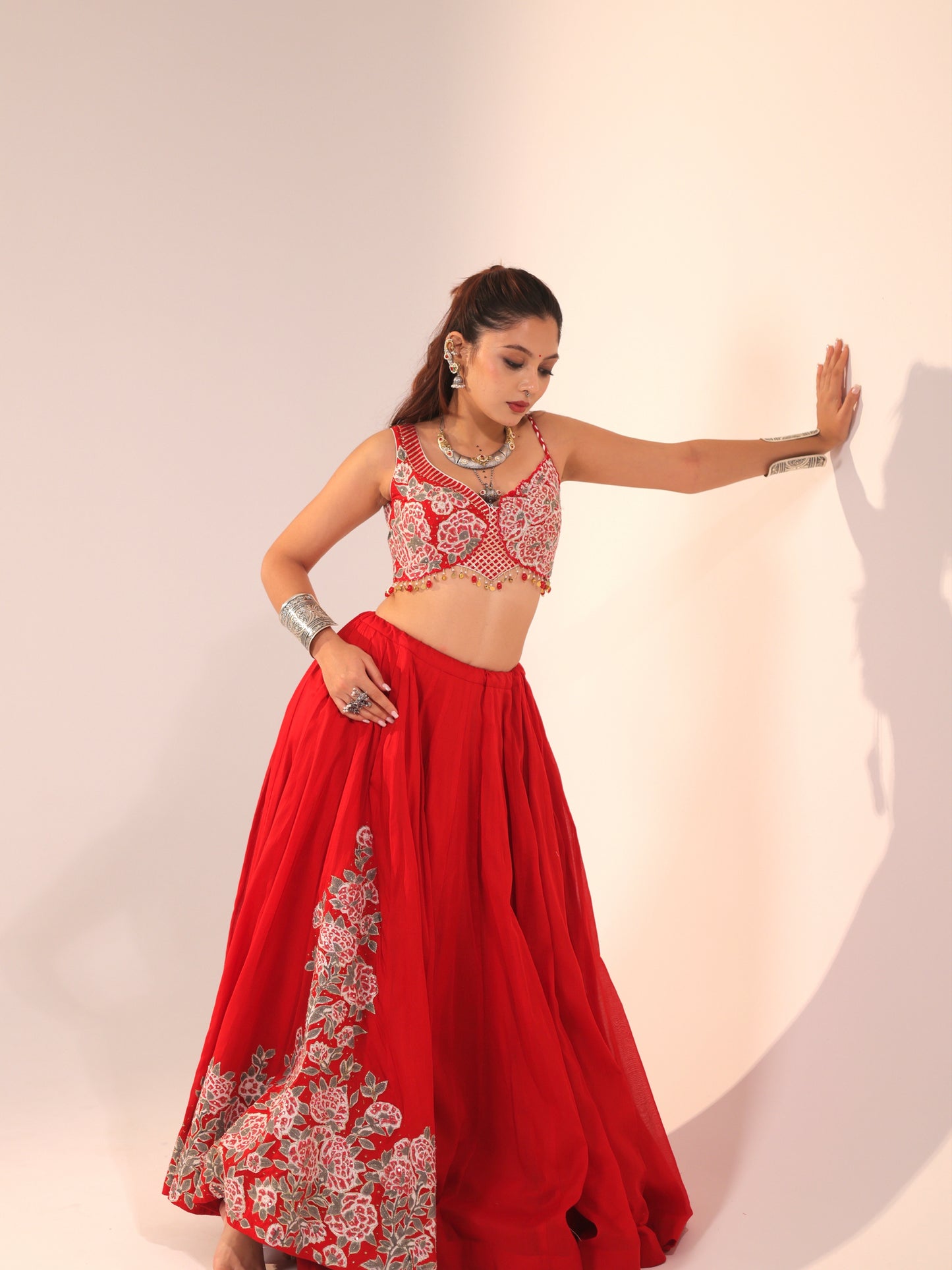 Red Floral Embroidered Cotton Chaniya Choli